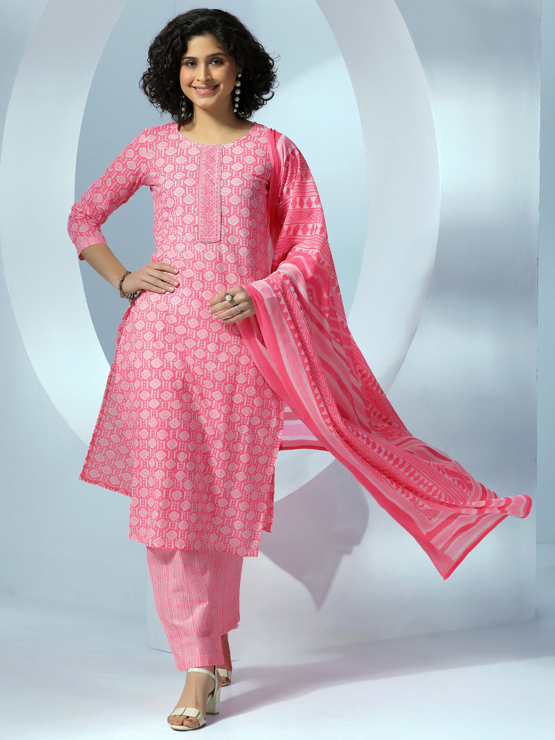  Pink Printed Cotton Straight Suit With Dupatta 