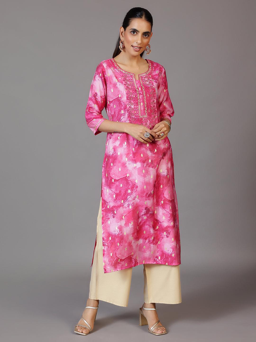 Pink Yoke Design Silk Straight Kurta - Libas