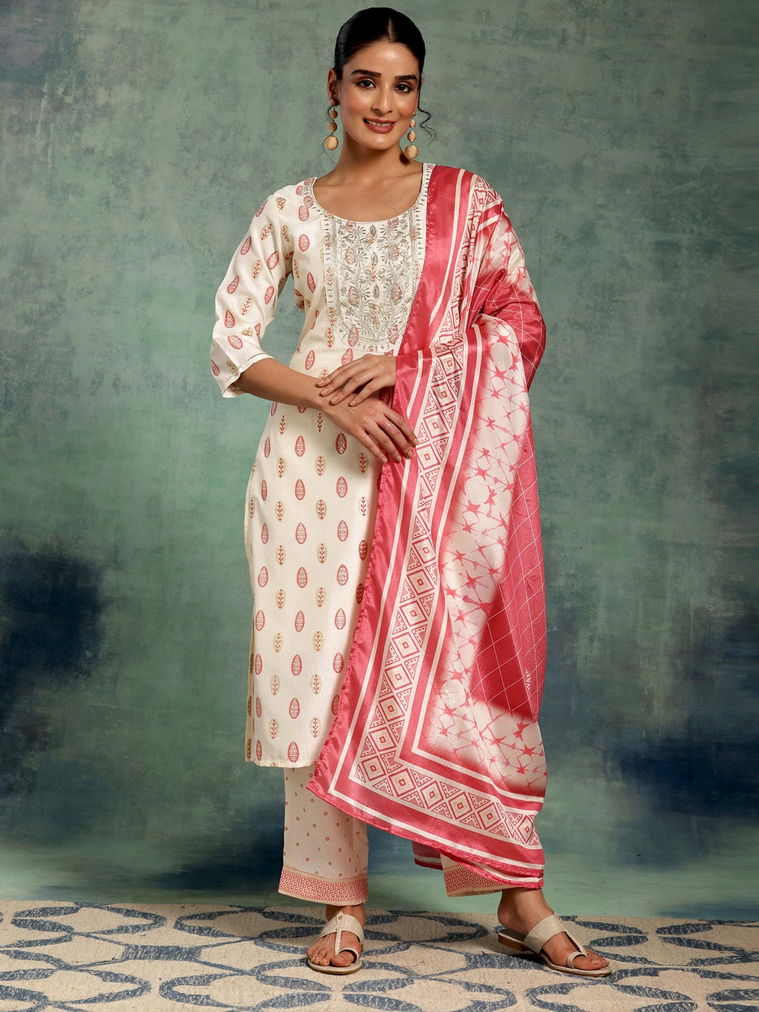 Off White Printed Silk Blend Straight Suit With Dupatta - Libas 