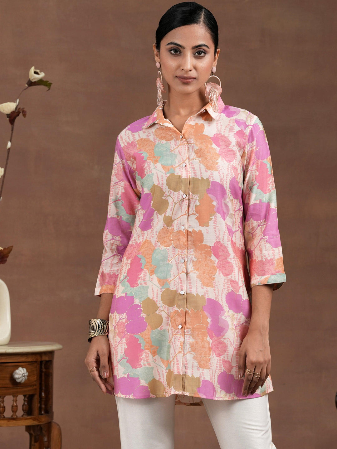 Pink Printed Silk Blend Straight Kurti - Libas 