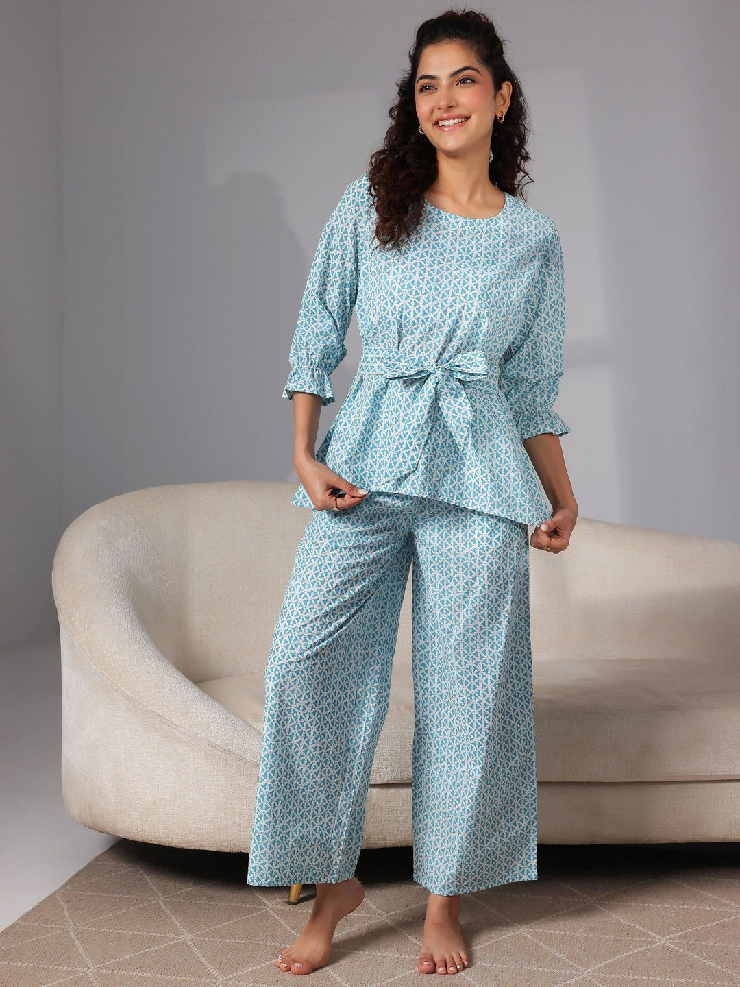 Blue Printed Cotton Night Suits - Libas