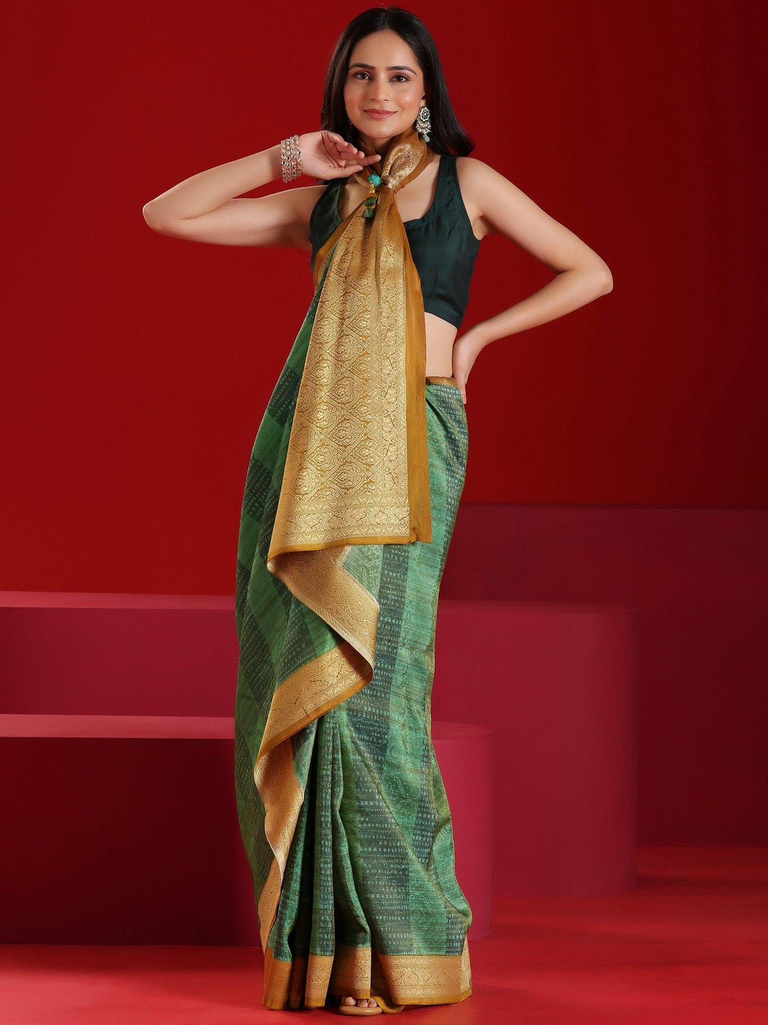 Libas Art Green Woven Design Satin Saree With Unstitched Blouse Piece - Libas 