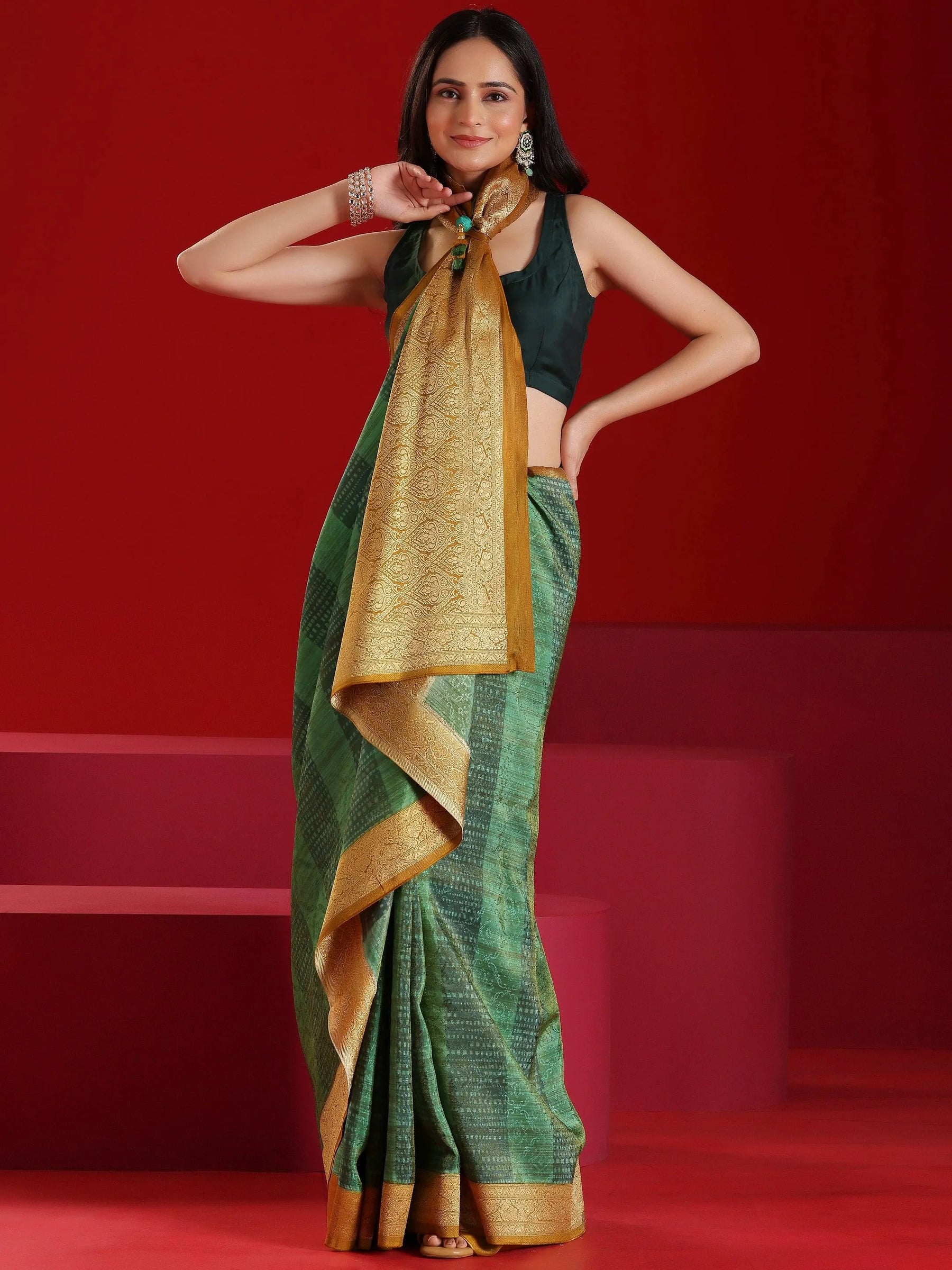 Libas Art Green Woven Design Satin Saree With Unstitched Blouse Piece