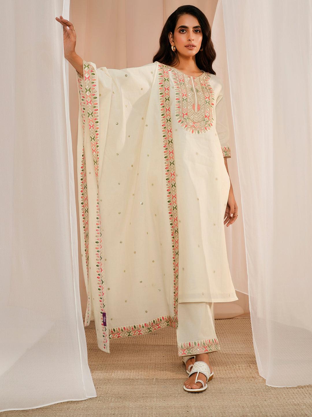 Off White Embroidered Cotton Straight Suit With Dupatta - Libas 