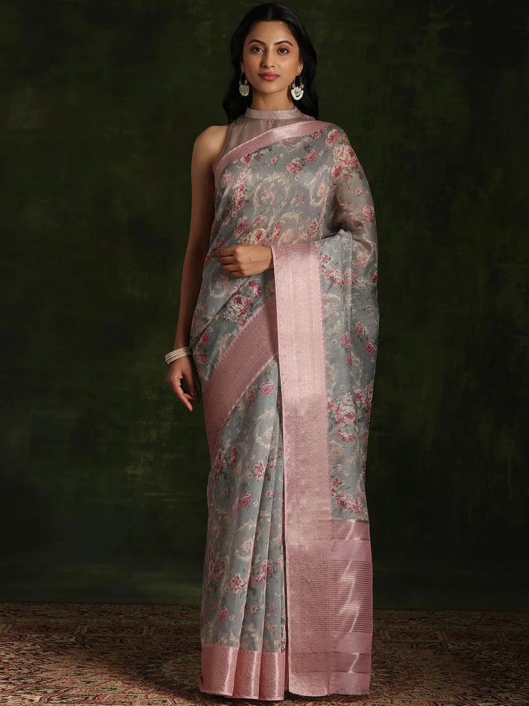 Grey Printed Silk Blend Saree With Unstitched Blouse Piece - Libas