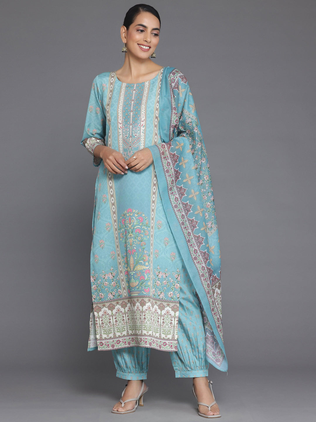 Blue Printed Poly Crepe Straight Suit With Dupatta - Libas 