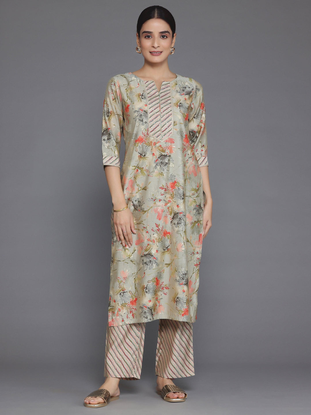 Grey Printed Silk Blend Straight Kurta Set - Libas 