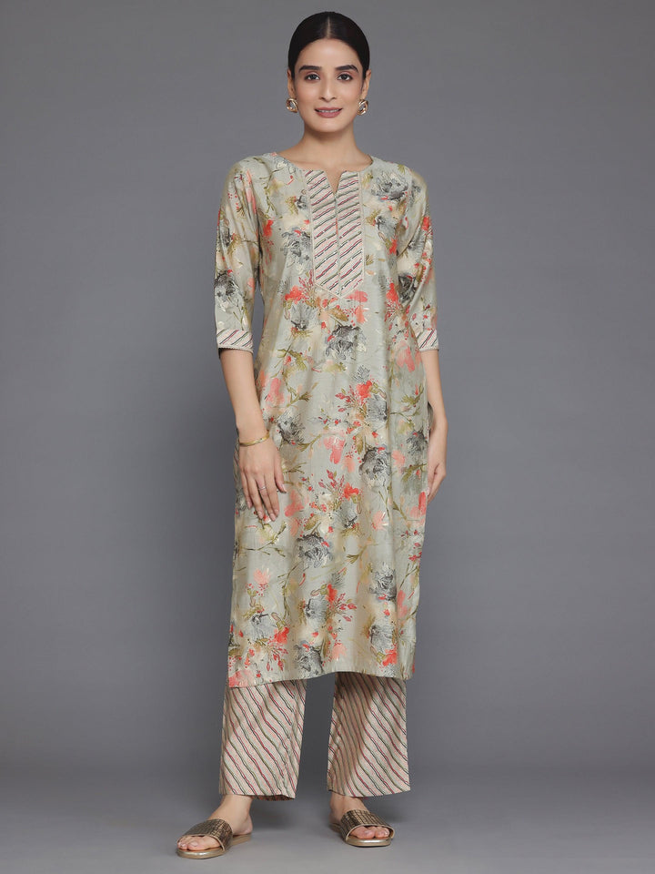 Grey Printed Silk Blend Straight Kurta Set - Libas