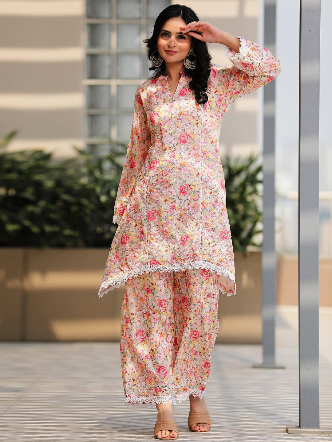 Multi Printed Cotton A-Line Kurta With Palazzos - Libas 