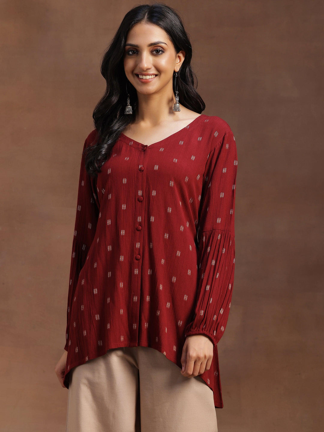 Maroon Woven Design Cotton A-line Kurti