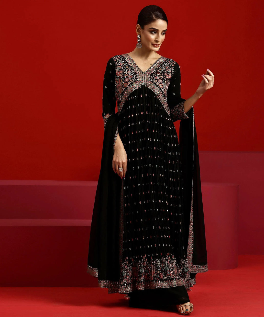 Libas Art Black Embroidered Georgette A-Line Kurta With Palazzos & Dupatta - Libas