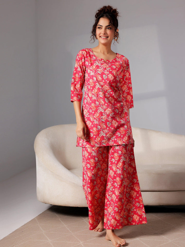 Coral Printed Cotton Night Suits - Libas