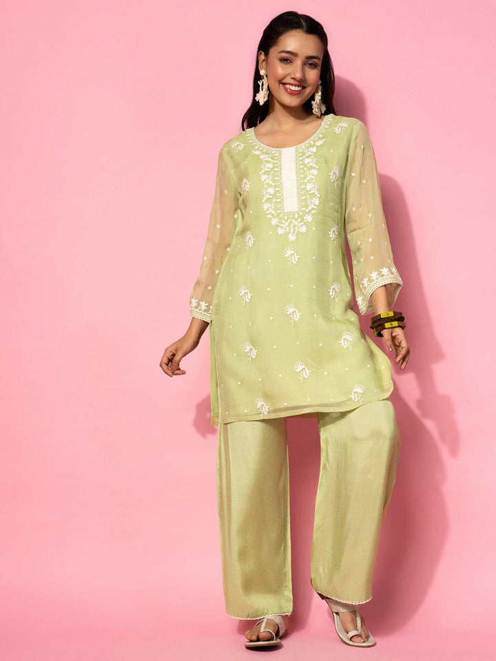 Green Embroidered Silk Blend Co-Ords - Libas