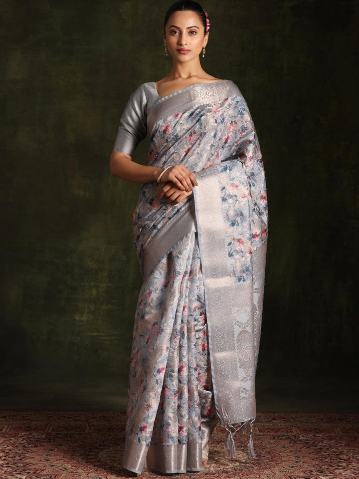 Grey Woven Design Brocade Saree With Unstitched Blouse Piece - Libas