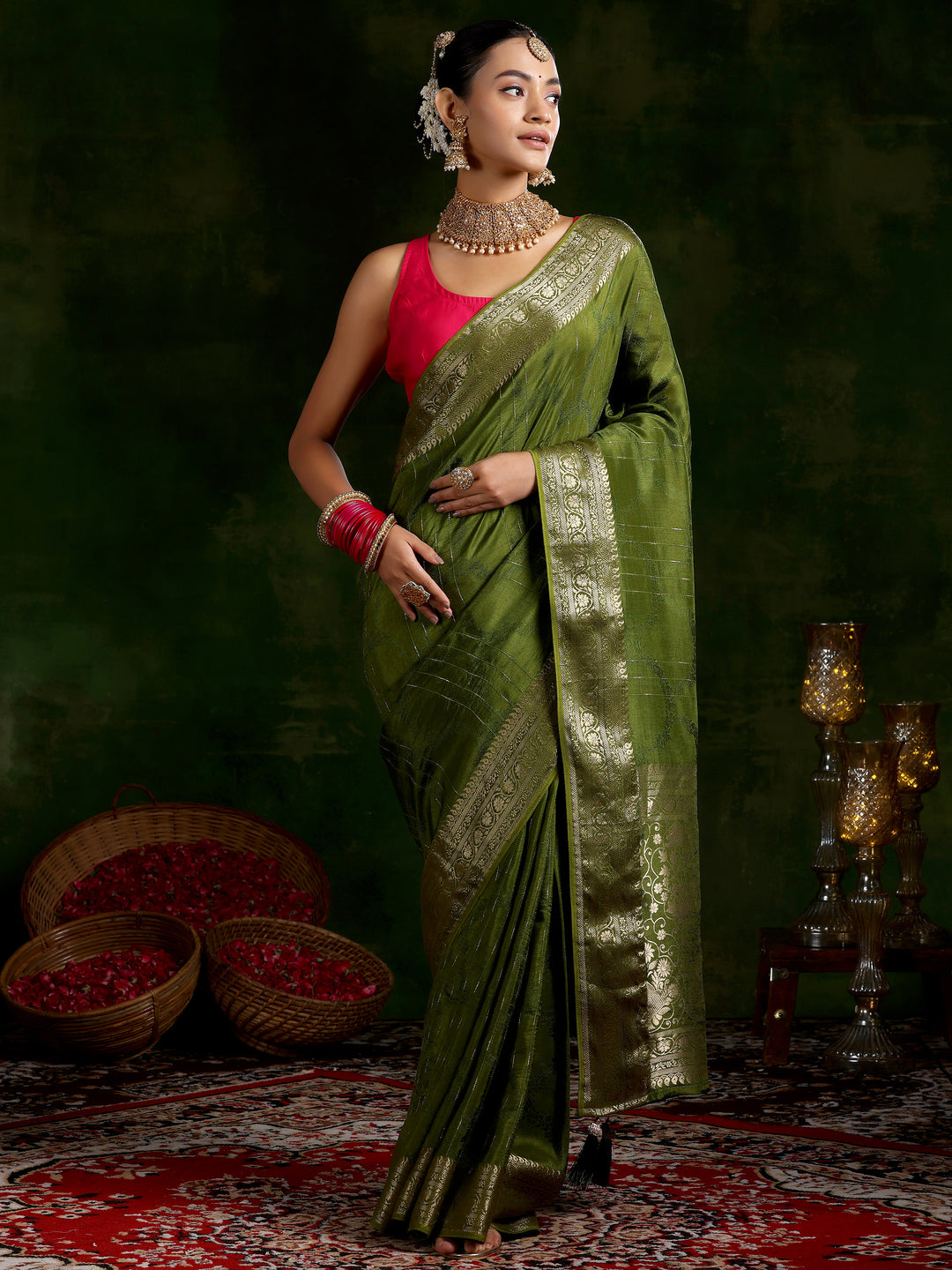  Olive Green Woven Design Silk Blend Saree With Unstitched Blouse Piece 