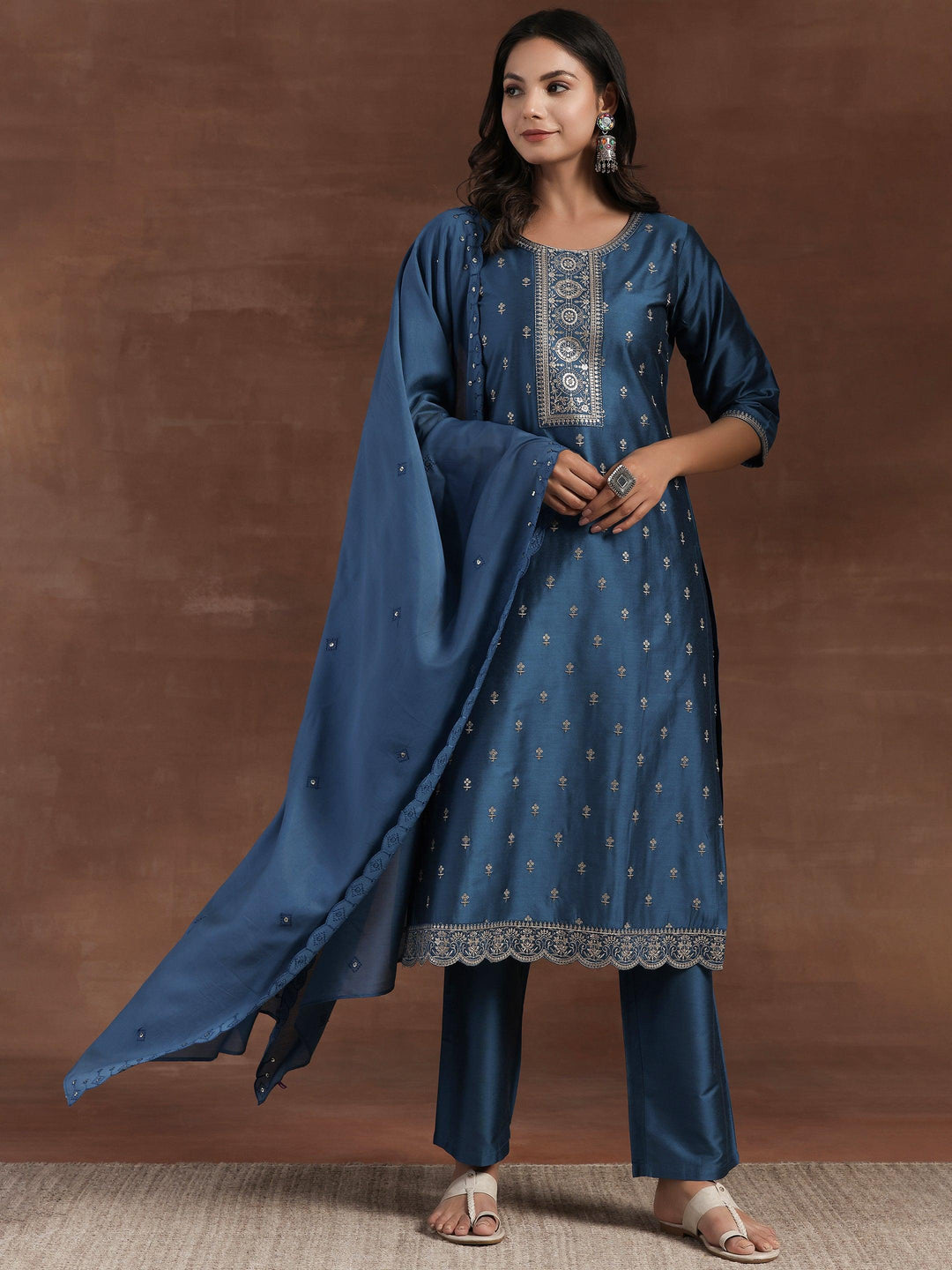 Blue Embroidered Silk Blend Straight Suit With Dupatta - Libas 