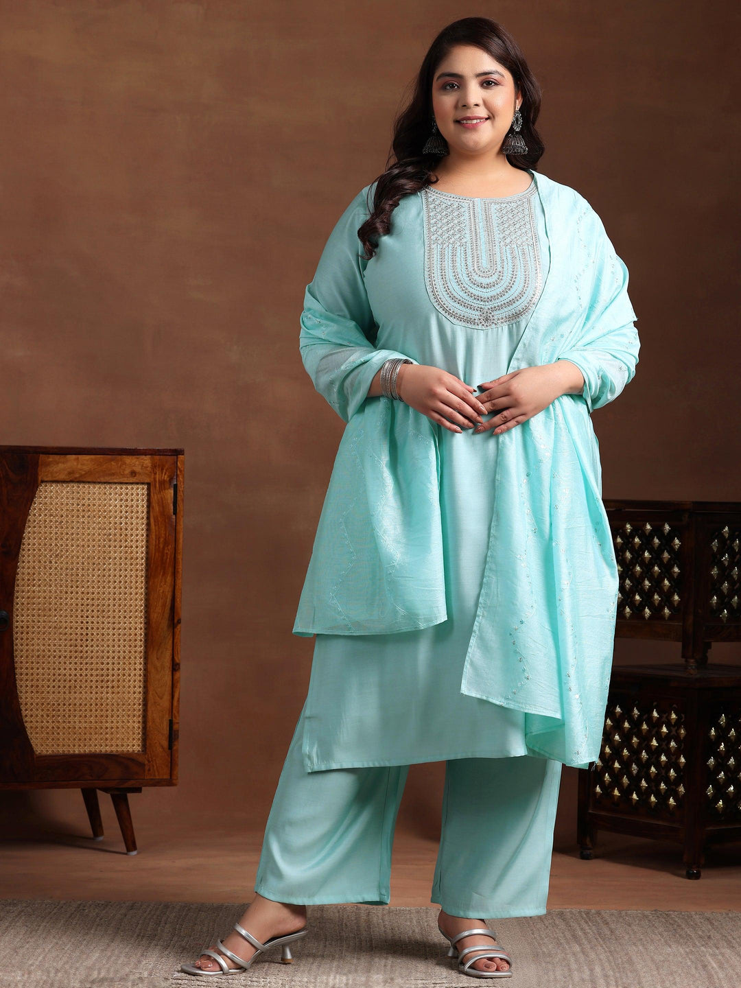 Plus Size Blue Yoke Design Silk Blend Straight Suit With Dupatta - Libas 