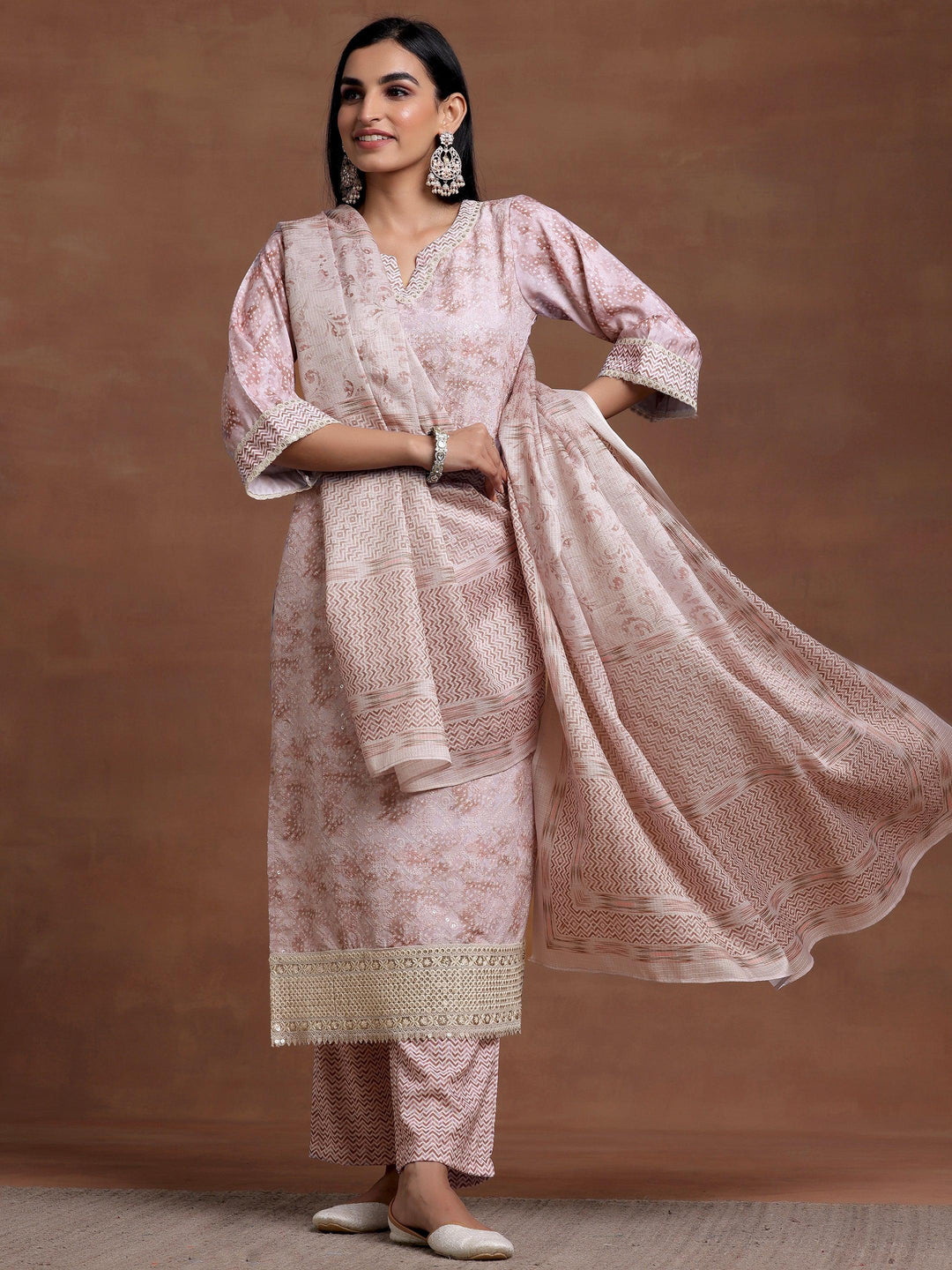 Beige Embroidered Cotton Blend Straight Suit With Dupatta - Libas 