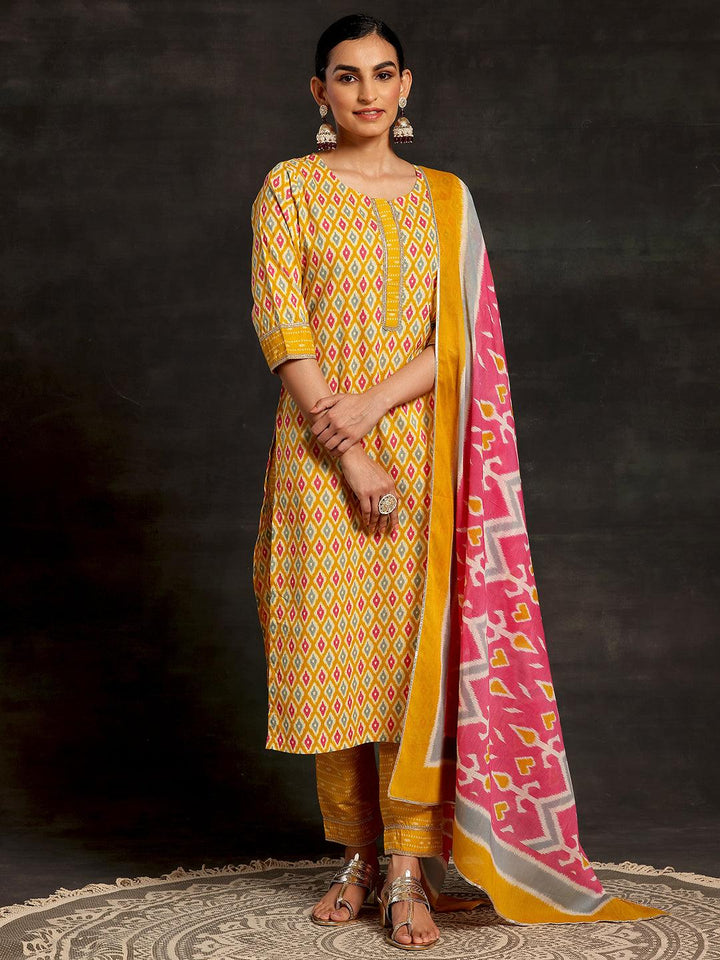 Mustard Printed Cotton Straight Suit With Dupatta - Libas