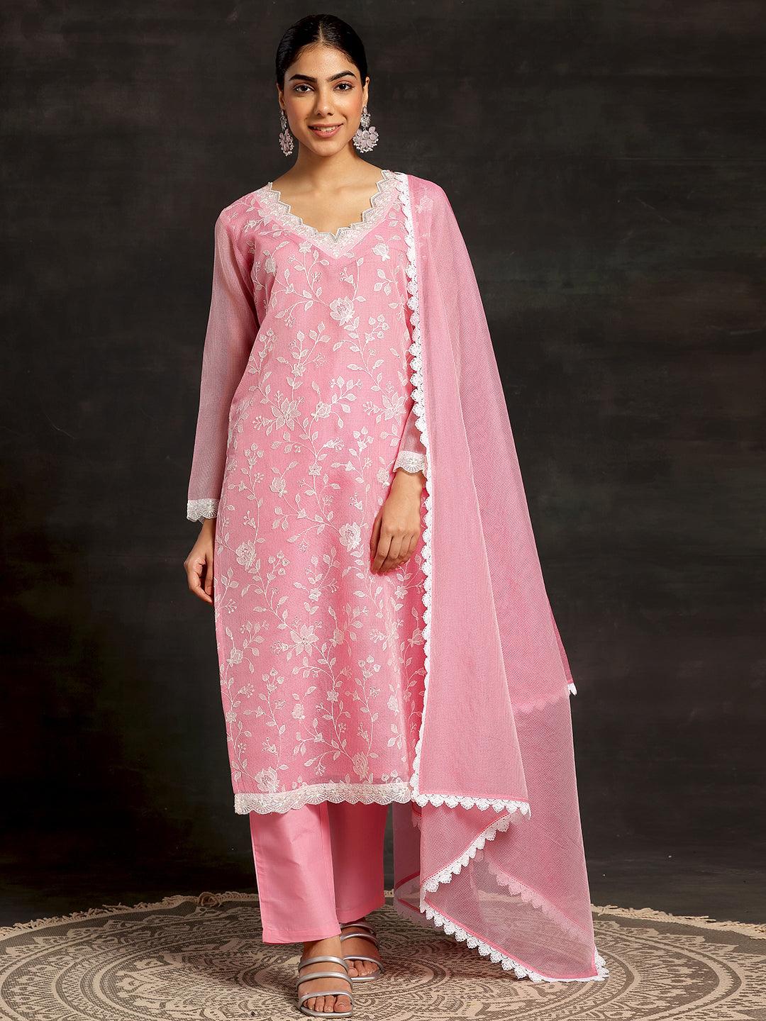 Pink Embroidered Cotton Straight Suit With Dupatta - Libas 