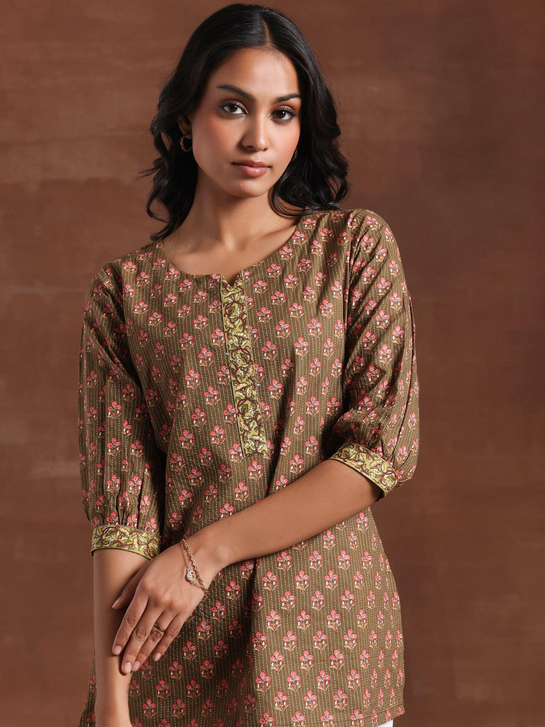 Olive Printed Cotton Straight Kurti - Libas 