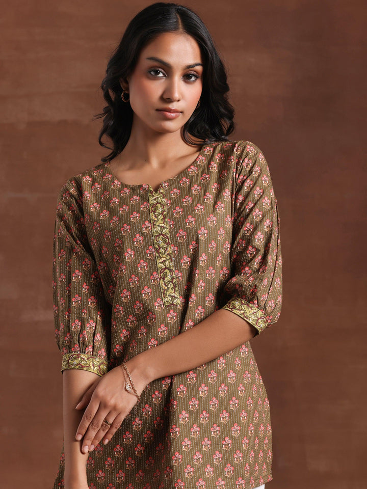 Olive Printed Cotton Straight Kurti - Libas