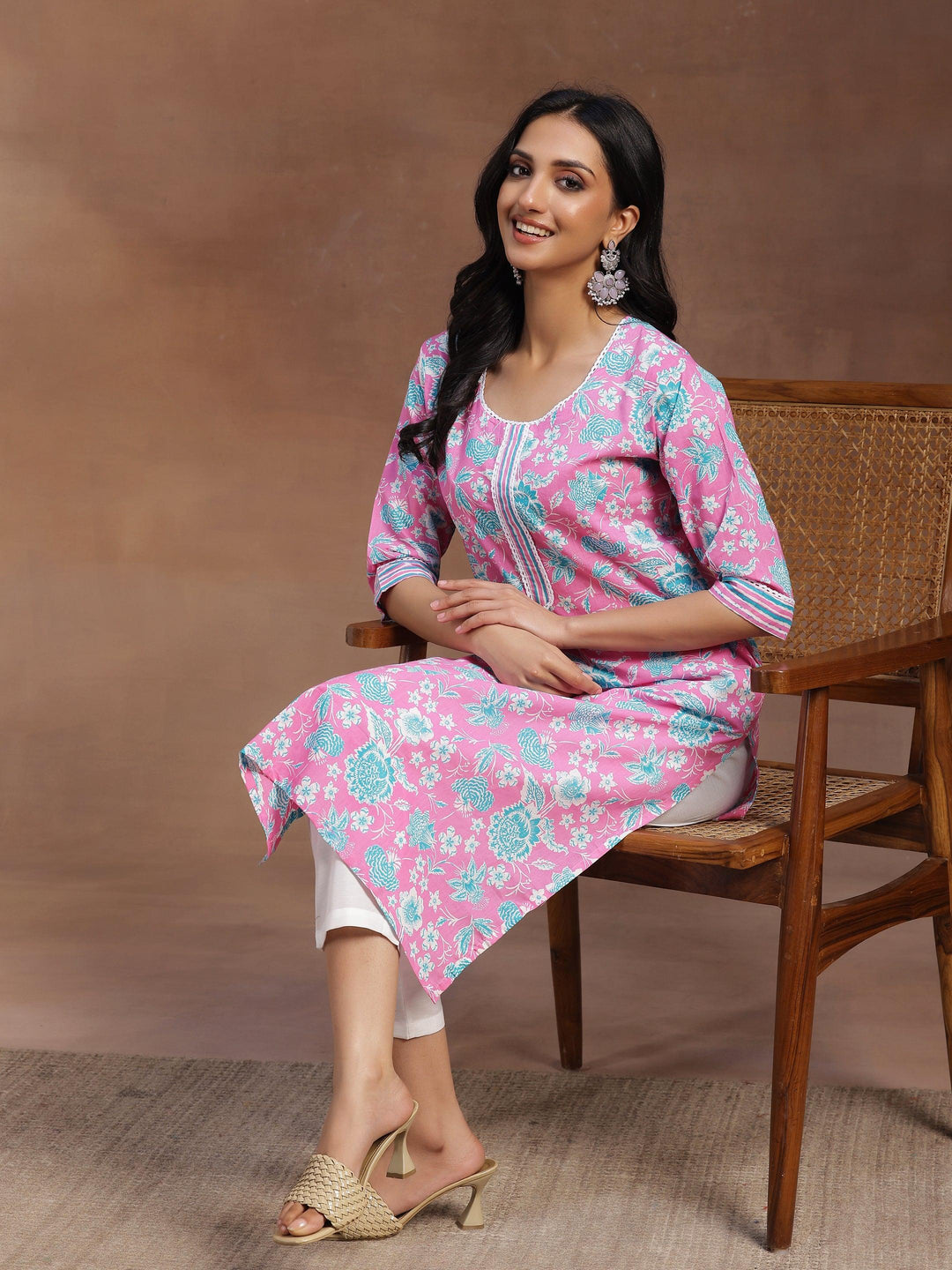 Pink Printed Cotton Straight Kurta - Libas 