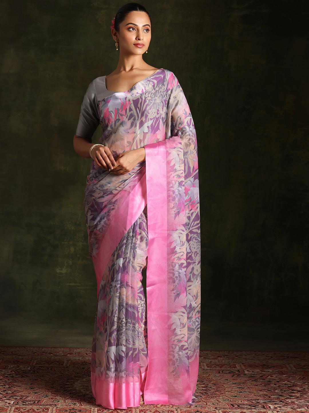 Multicoloured Printed Silk Blend Saree With Unstitched Blouse Piece - Libas