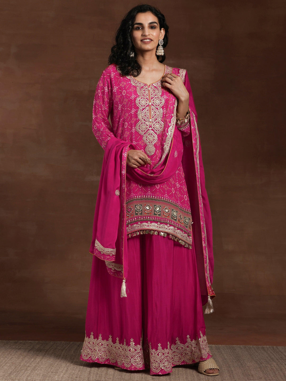 Libas Art Pink Printed Silk Blend Straight Suit With Dupatta - Libas