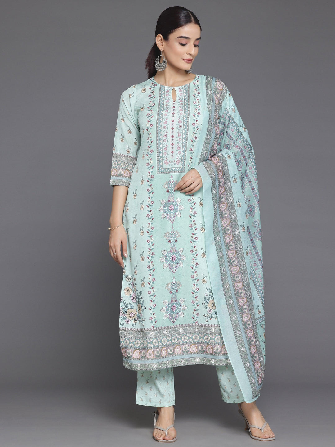 Green Printed Poly Crepe Straight Suit With Dupatta - Libas