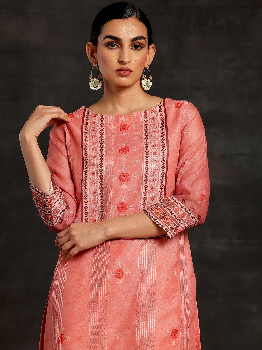 Pink Printed Chanderi Silk Straight Kurta - Libas 