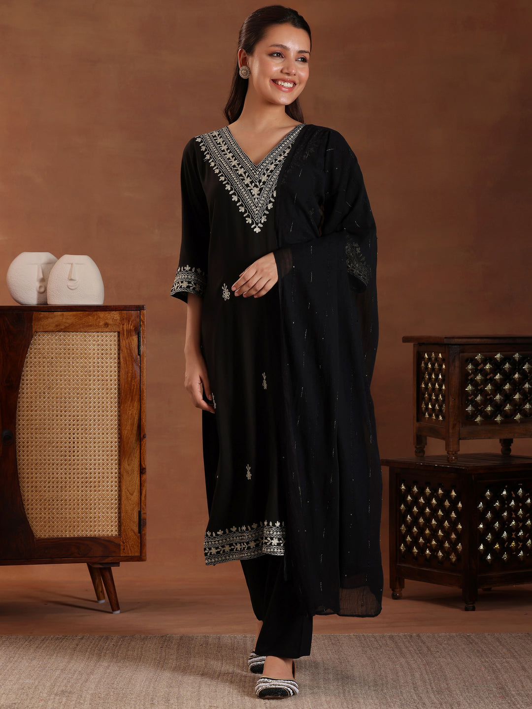  Black Embroidered Rayon Straight Suit With Dupatta 