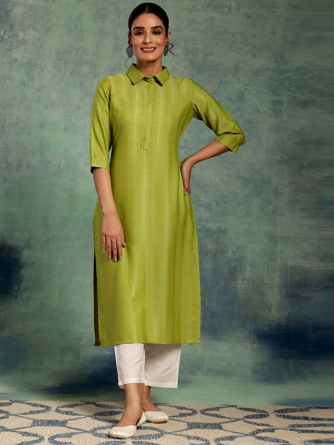 Green Woven Design Cotton Straight Kurta - Libas 