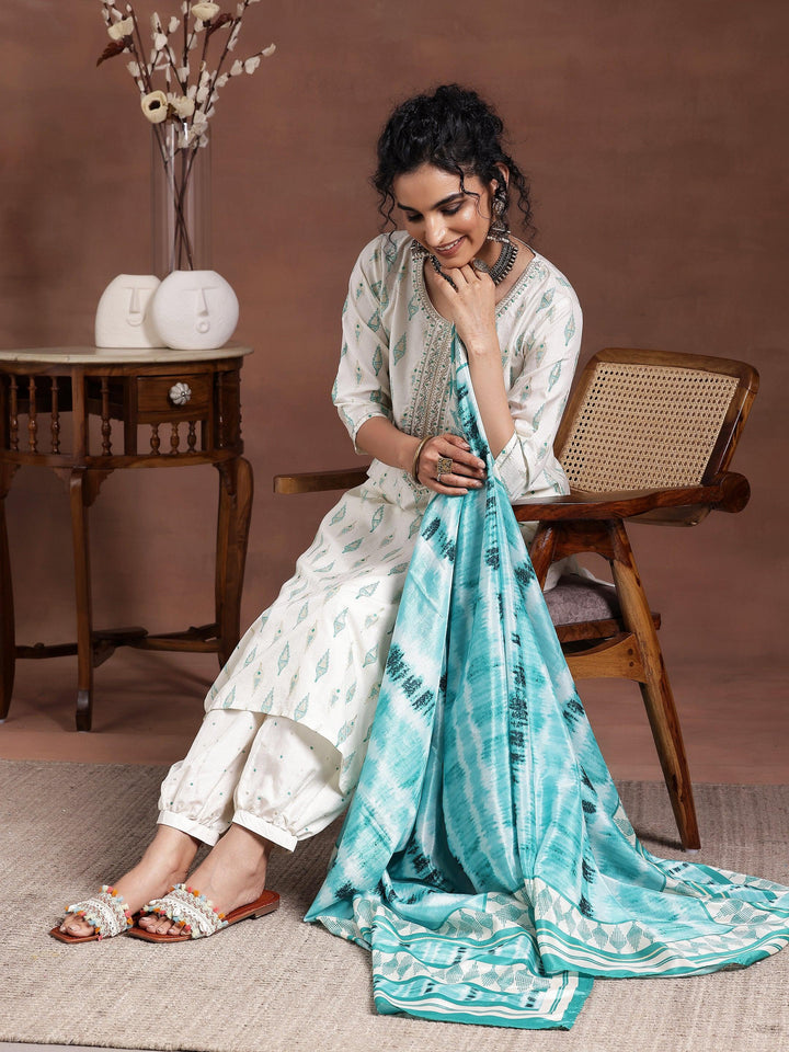 Off White Printed Silk Blend Straight Suit With Dupatta - Libas