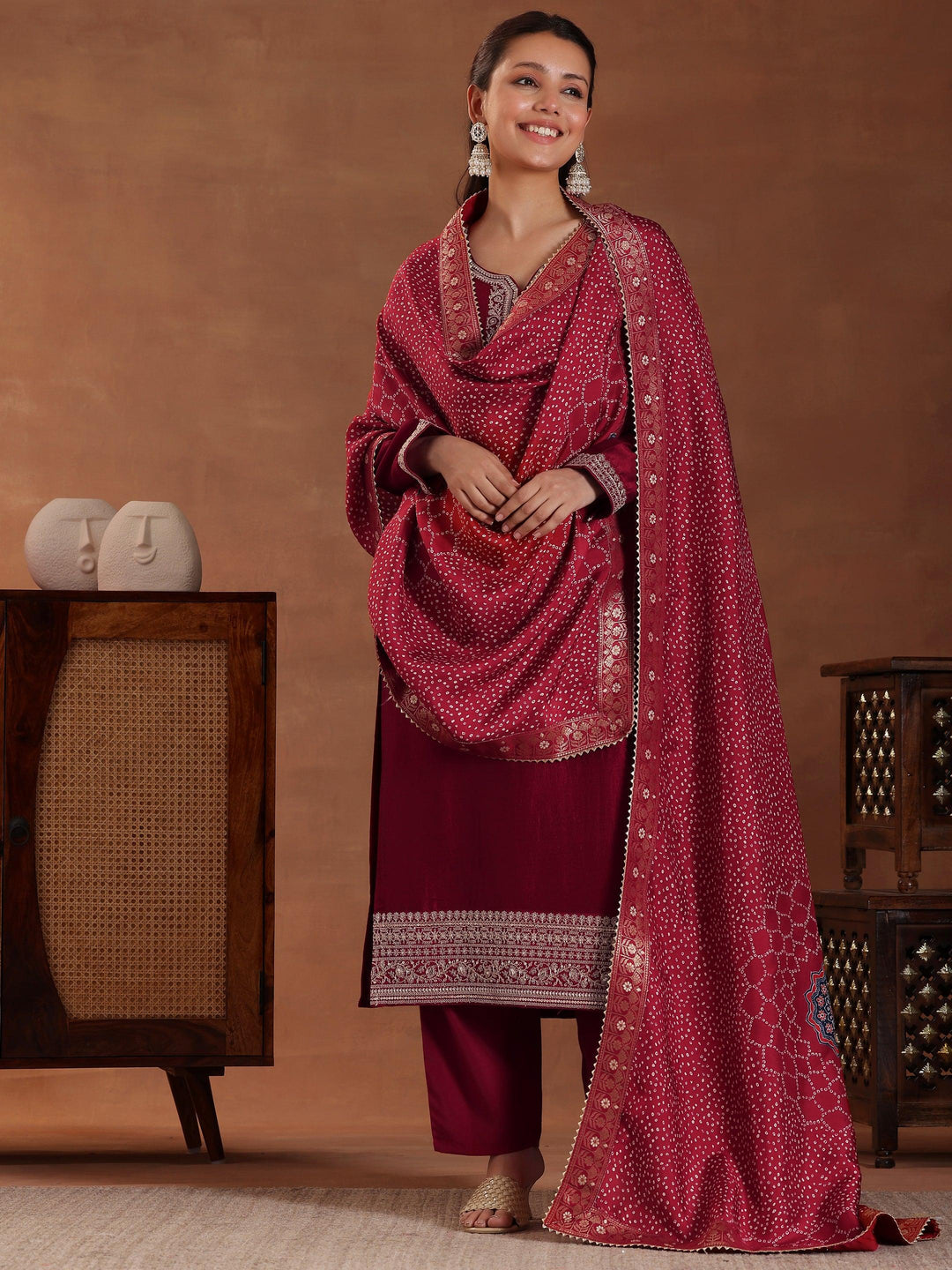 Maroon Embroidered Silk Blend Straight Suit With Dupatta - Libas 