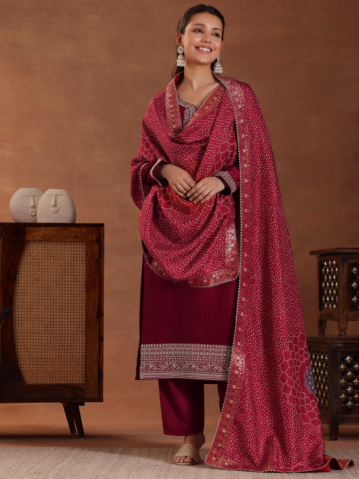 Maroon Embroidered Silk Blend Straight Suit With Dupatta - Libas