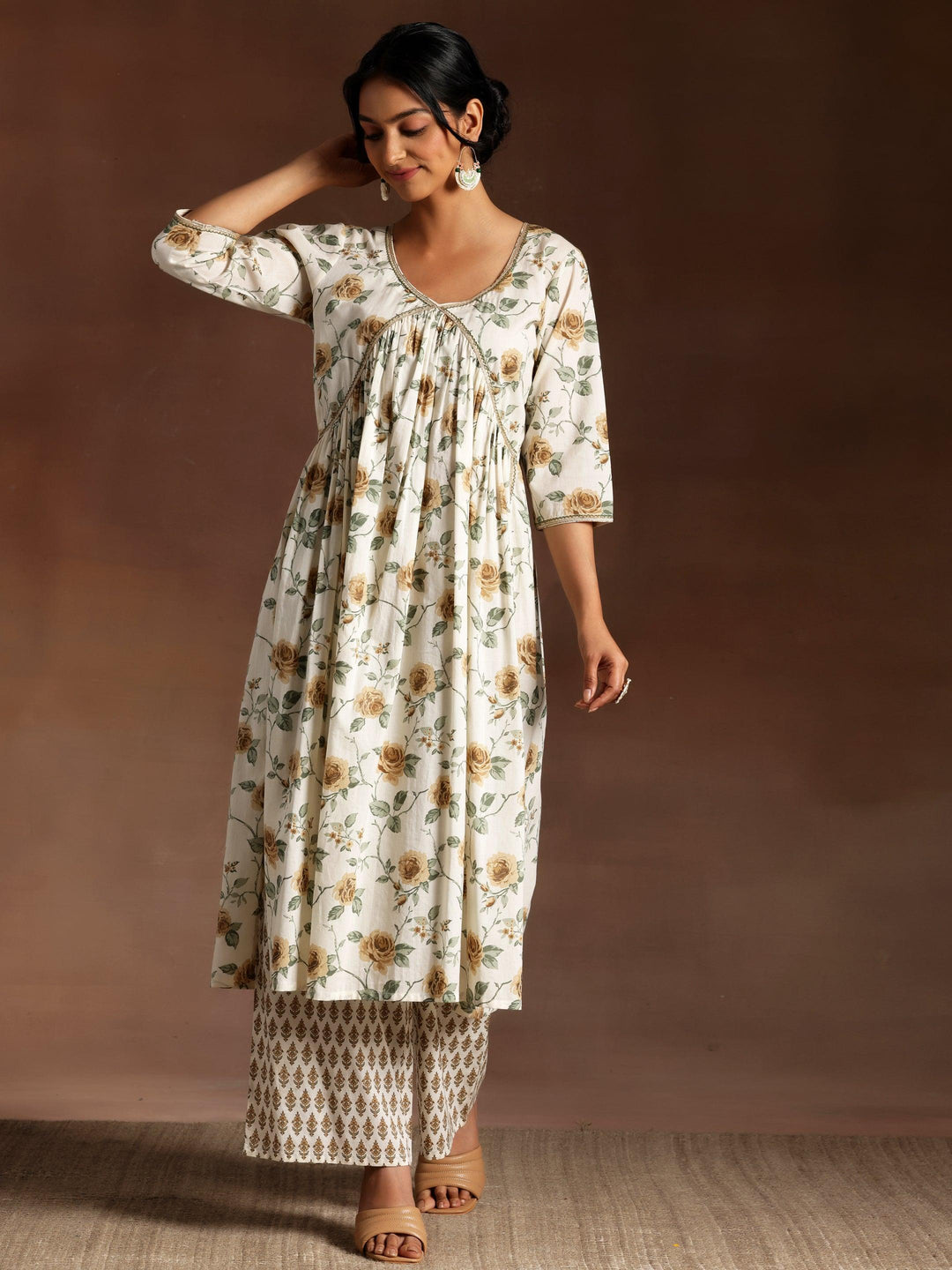 Off White Printed Cotton A-Line Kurta With Palazzos - Libas 