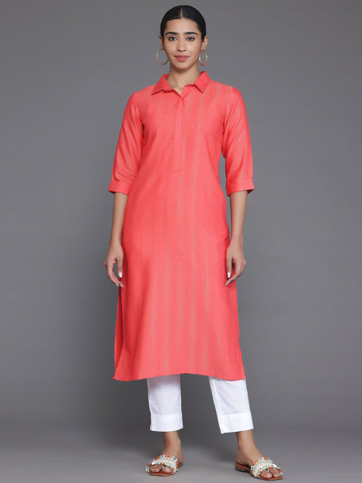 Coral Woven Design Cotton Straight Kurta - Libas