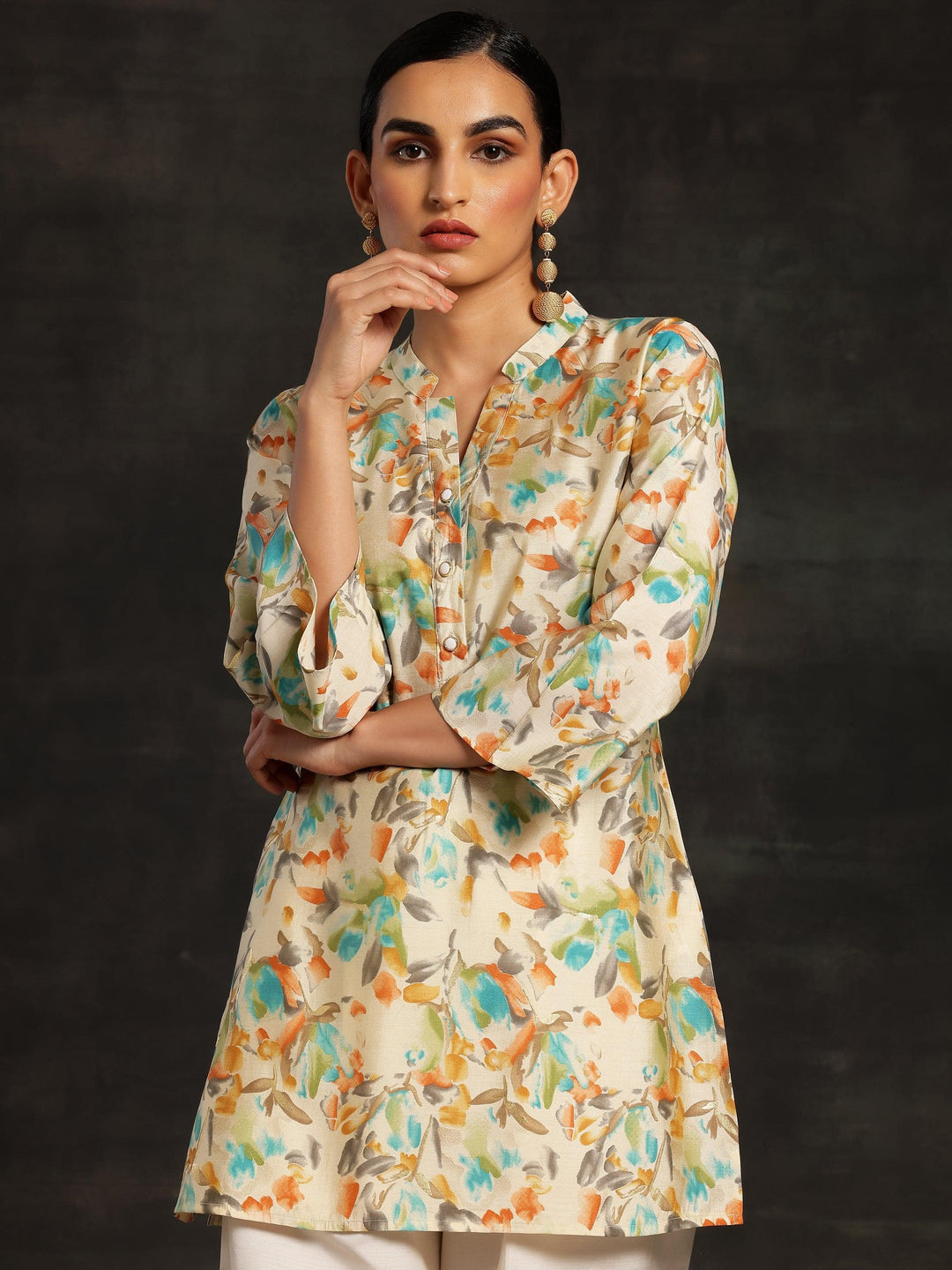 Beige Printed Silk Blend Straight Kurtis - Libas