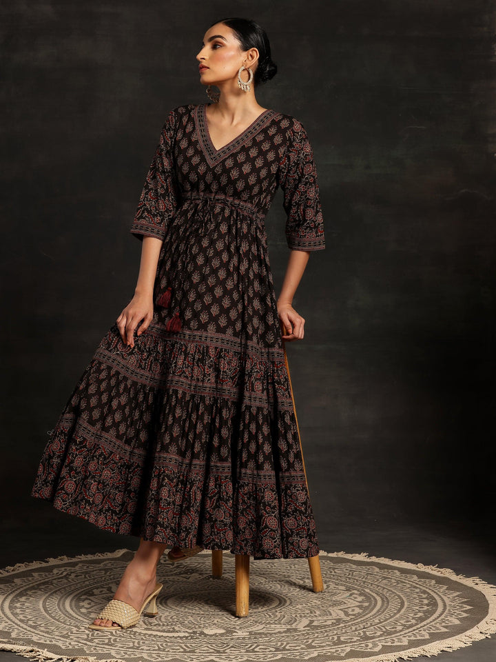 Black Printed Cotton A-Line Dress - Libas