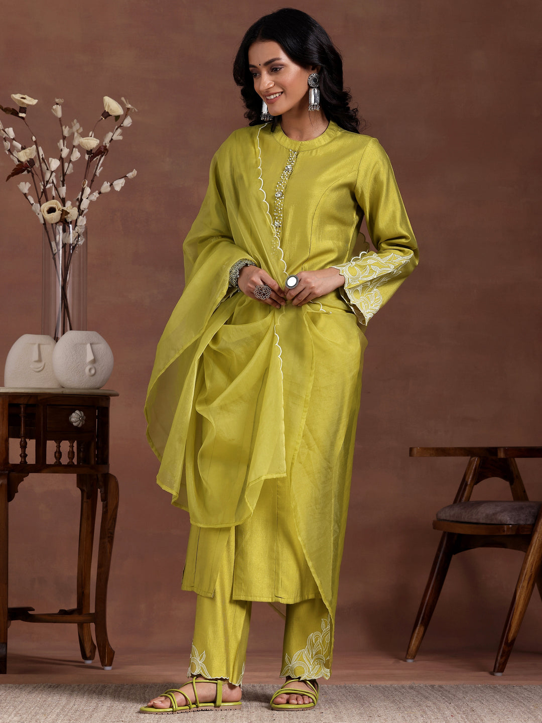 Lime Green Solid Silk Blend Straight Suit With Dupatta