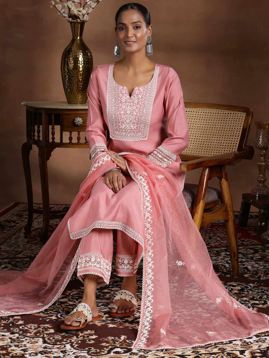  Pink Yoke Design Silk Blend Straight Suit With Dupatta 