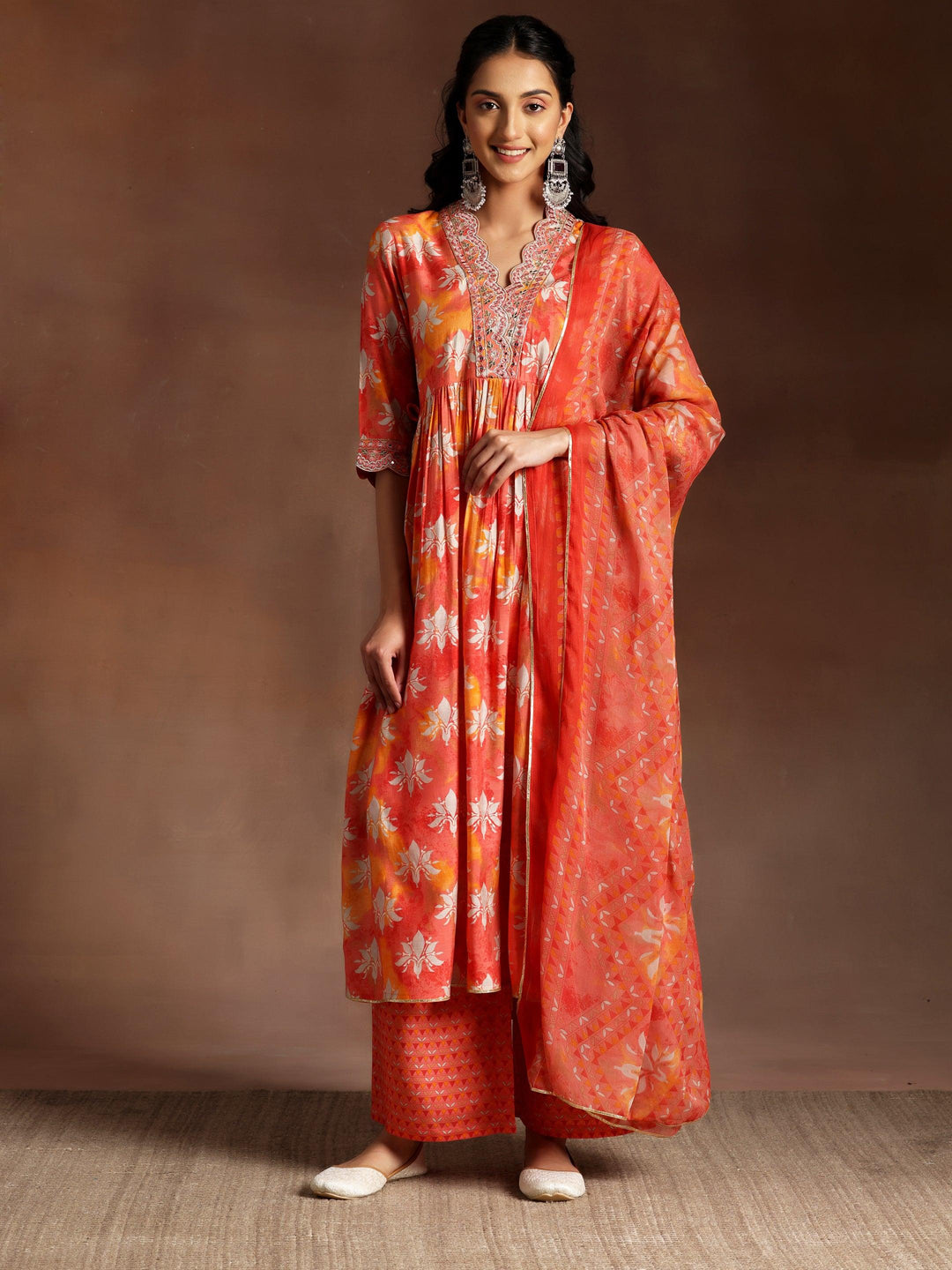 Saanjh Orange Printed Silk Blend A-Line Kurta With Palazzos & Dupatta - Libas 