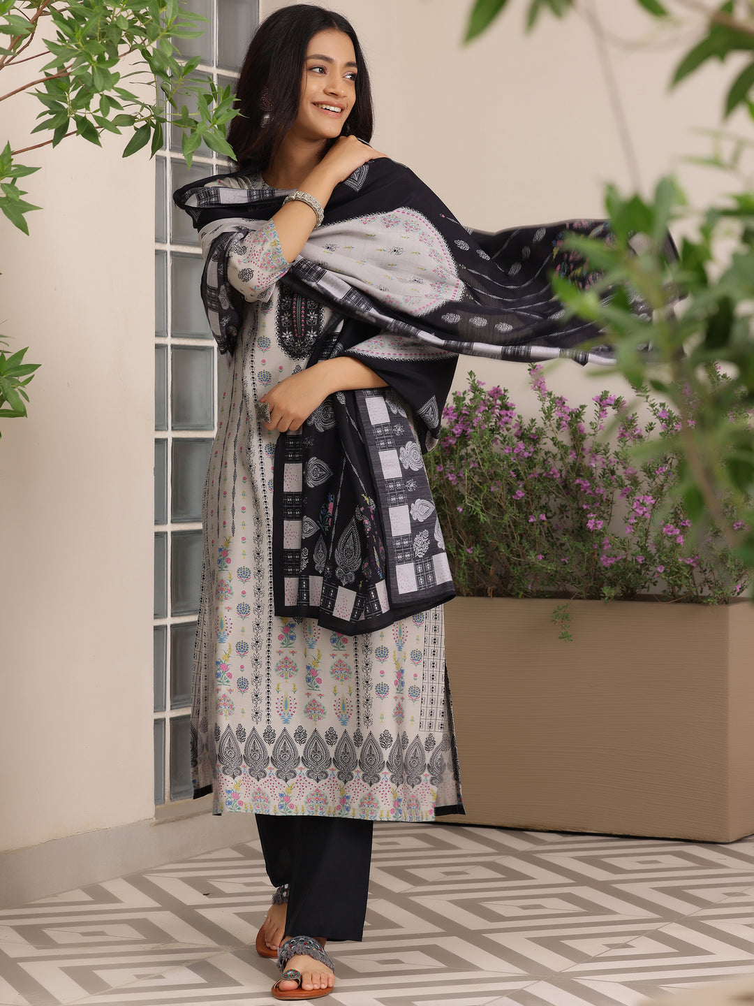  Grey Printed Silk Blend Straight Suit With Dupatta 