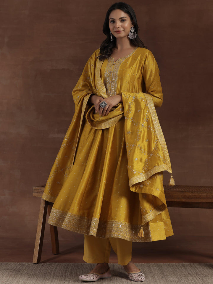 Mustard Embroidered Silk Blend A-Line Kurta With Palazzos & Dupatta - Libas