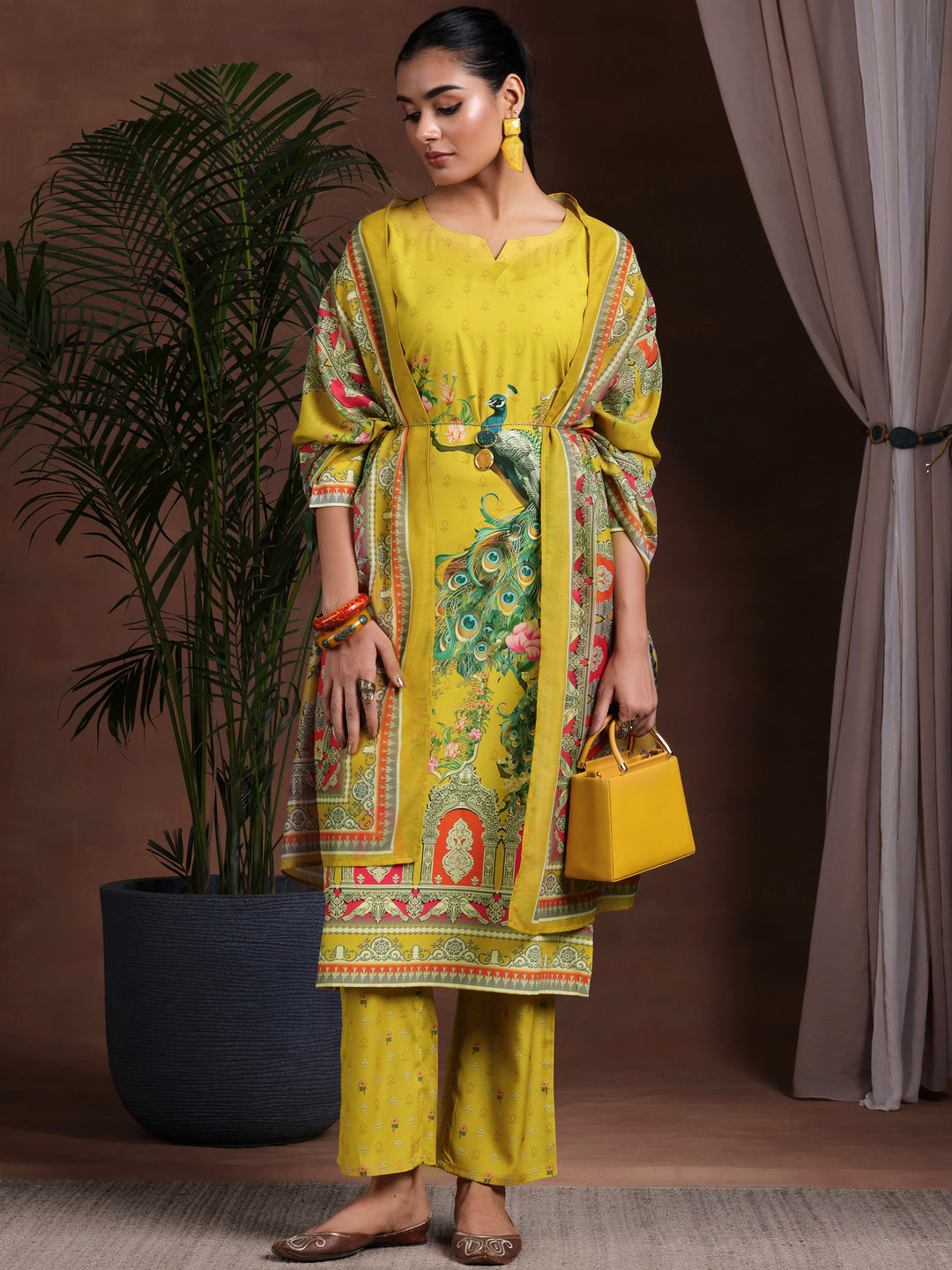 Mustard Printed Poly Crepe Straight Suit With Dupatta