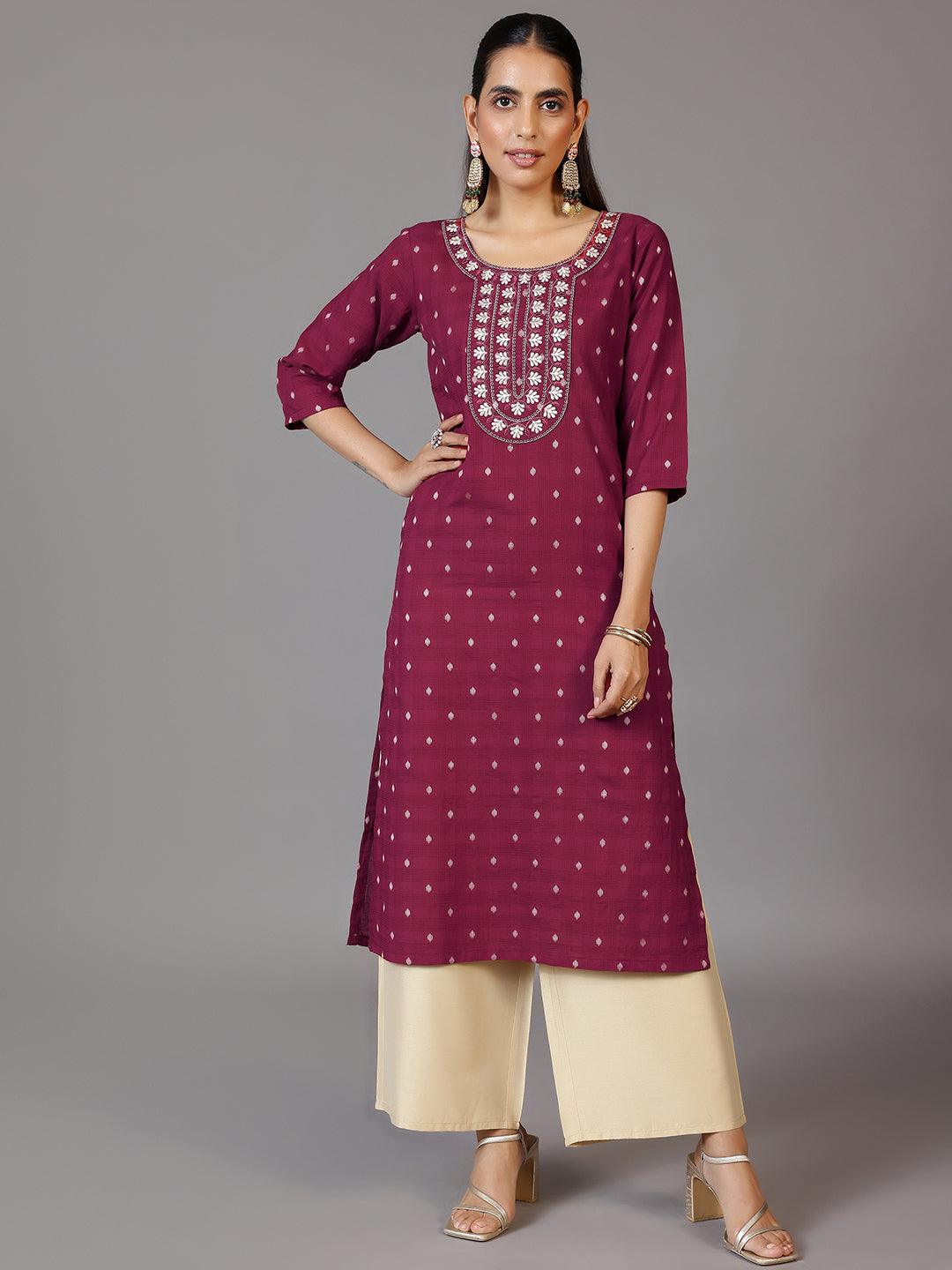 Maroon Embroidered Cotton Straight Kurta - Libas 