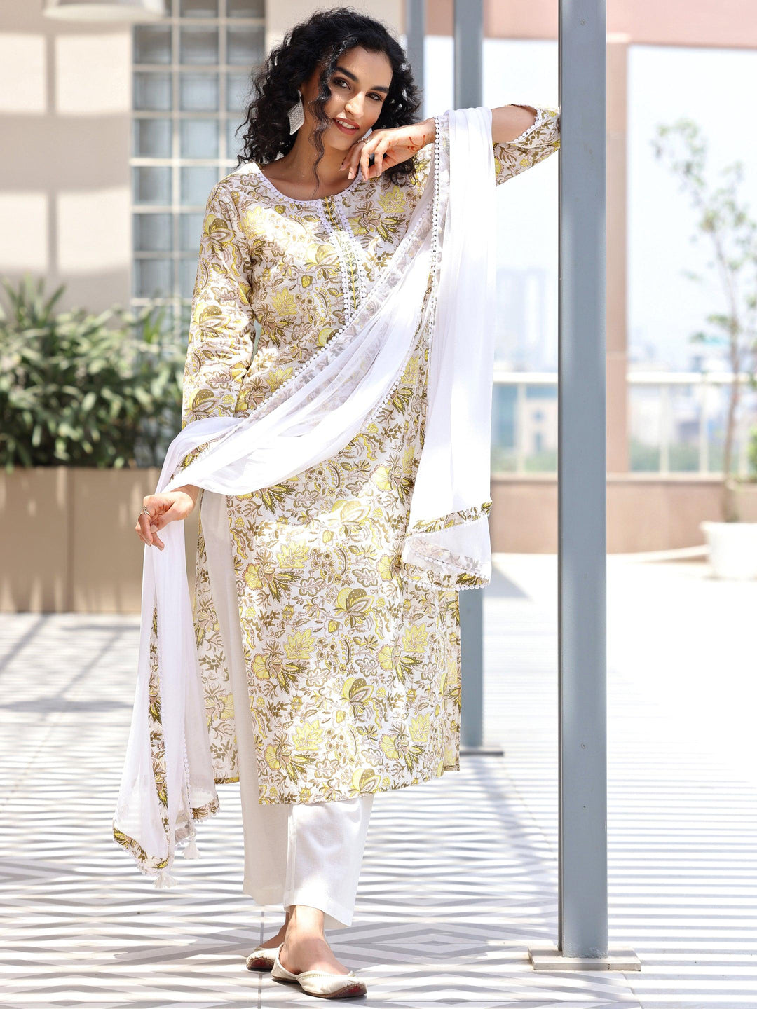 Off white Printed Cotton Straight Suit With Dupatta - Libas 