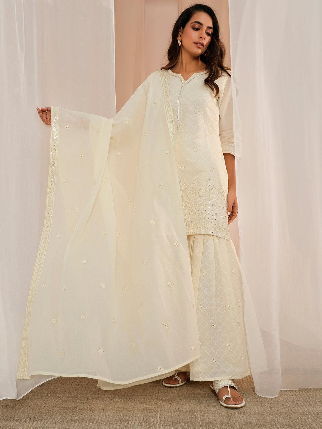 Off White Embroidered Cotton Straight Suit With Dupatta - Libas 