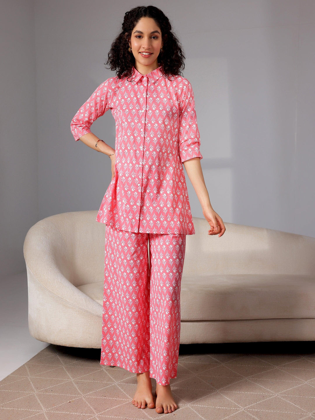 Peach Printed Cotton Night Suits - Libas 